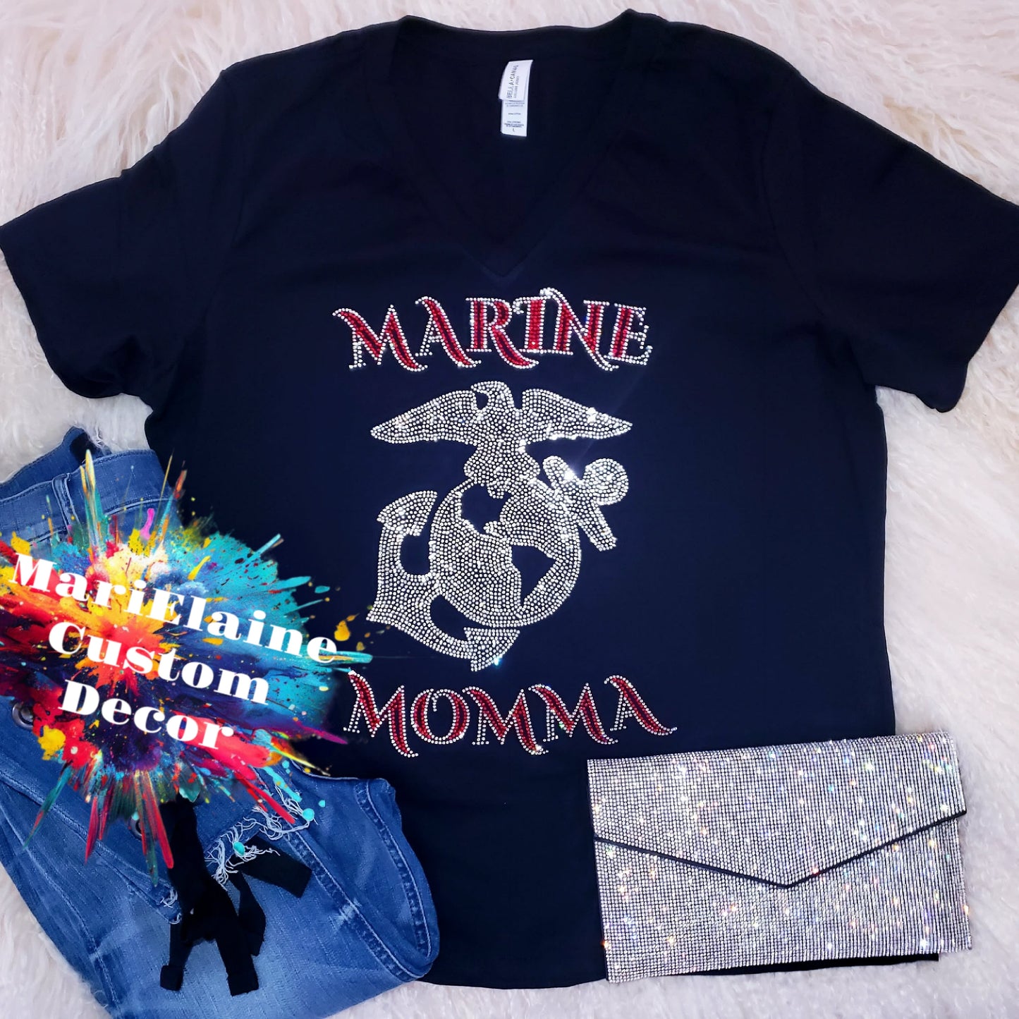 Marine Momma Rhinestone Tee